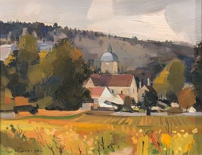 an oil painting of a farm scene with a church in the distance