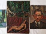 four paintings of a man and a woman on a bed
