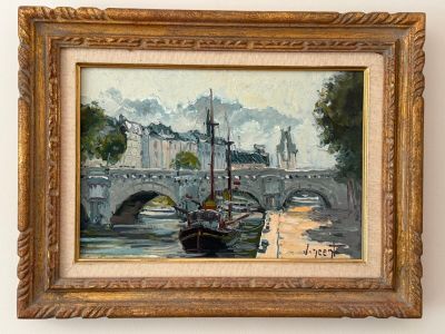 une peinture d'un bateau sur l'eau près d'un pont