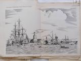 a book with a drawing of ships in the water