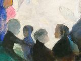 une peinture représentant un groupe de personnes assises à une table