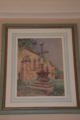 painting of a water fountain in front of a building with a windmill in the background