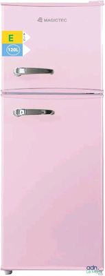 a pink refrigerator that is sitting on a white surface