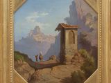 an image of a painting of a man and a dog on a mountain