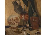 une image représentant une nature morte peinte, avec un pichet et d'autres objets