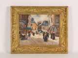 an oil painting of a street scene with people walking down the street