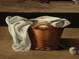 a painting of a basket with a ball of yarn and a ball of thread