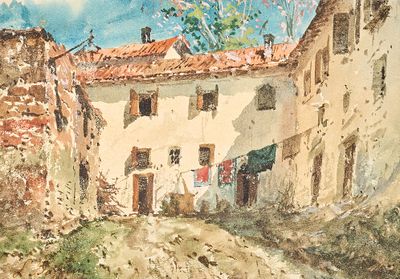 une aquarelle représentant une rue d'un village