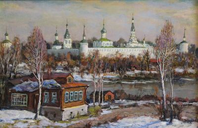 painting of a painting of a view of a city in the winter