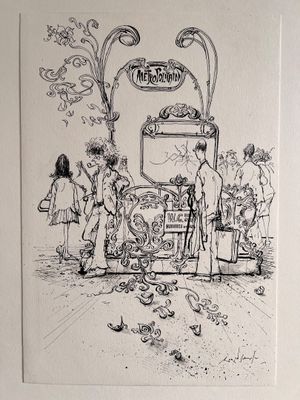 dessin représentant des personnes debout devant un bus