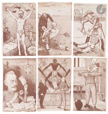 six different pictures of a man with a sword and a woman with a cat