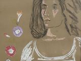 drawing of a woman with flowers on a brown background
