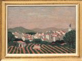 an image of a painting of a village with a church in the distance