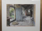 tableau représentant une pièce avec une porte et une table à l'intérieur