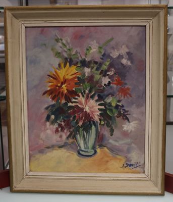 une peinture de fleurs dans un vase sur une table