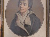 an old painting of a man in a black coat with a white collar