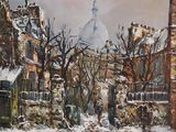 tableau représentant une rue enneigée avec une église en arrière-plan