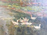 a painting of ducks swimming in a pond of water