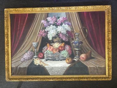 a picture of a painting of a still life with fruit and flowers