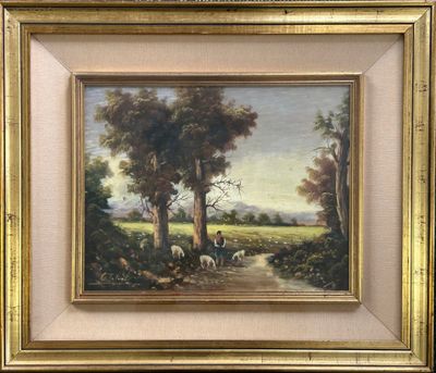 G. TALAMA (XXe) Berger et ses moutons sur le sentier.