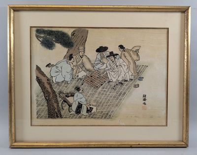 an image of a painting of a group of people sitting under a tree