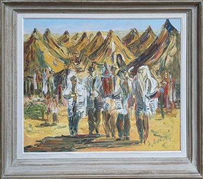 an oil painting of a group of men standing in front of a tent