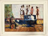une peinture à l'huile représentant un groupe de personnes rassemblées autour d'un piano