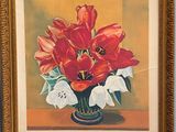 a painting of red flowers in a vase on a table