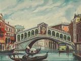 tableau représentant une gondole passant sous un pont qui enjambe une rivière