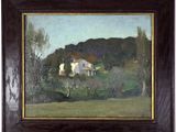 an image of a painting of a house in a field