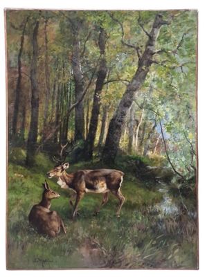 tableau représentant deux cerfs dans une forêt, avec un ruisseau au premier plan
