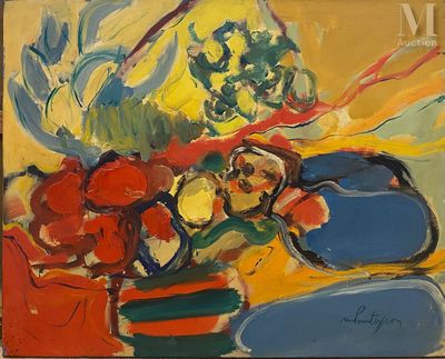 une peinture représentant un vase de fleurs et de fruits sur une table