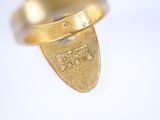 a gold ring that has a guitar pick in it