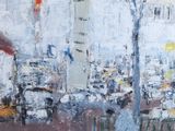 un tableau représentant un homme marchant dans la rue avec un parapluie