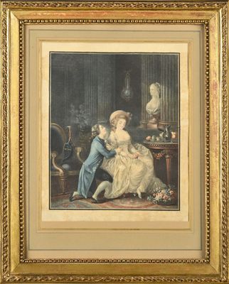 d'après SHALL L'amant écouté gravure en couleur Cadre en boi…