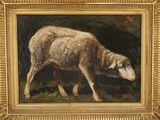 a painting of a cow that is standing in the grass