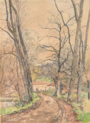a painting of a dirt road with trees on both sides
