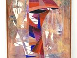 peinture abstraite représentant un homme portant un chapeau rouge et un parapluie bleu et rouge