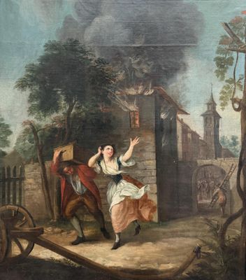 painting of a man and a woman dancing in a village
