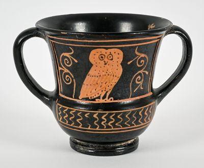 a black and orange cup with an owl on it