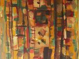 une peinture abstraite représentant un groupe de personnes dans une pièce