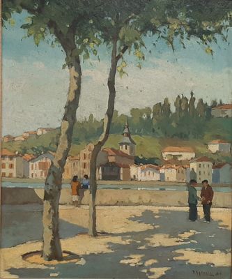 painting of two people sitting under a tree on a sunny day