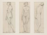 three drawings of a woman standing in three different positions