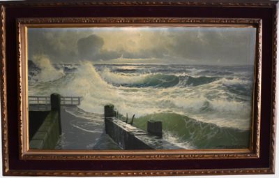 framed oil painting of waves crashing on a pier with a boat in the distance
