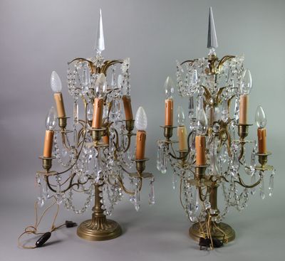 pair of antique brass and crystal candelabs