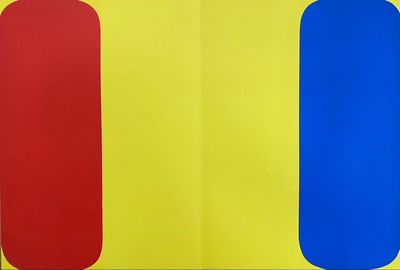 two red and blue vases sitting next to each other on top of a table