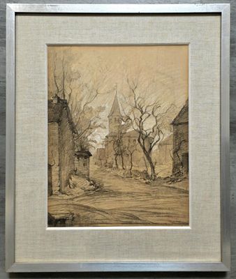 une image représentant un dessin d'un village avec une église en arrière-plan