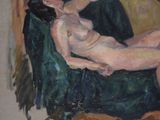 a painting of a nude woman sitting on a couch