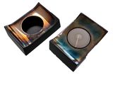 pair of square glass ashtrays with a black base and a brown base