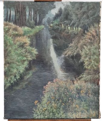 an oil painting of a stream running through a forest filled with trees